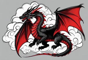 Black and red dragon with a danger tail. In the clouds with lightning. tattoo idea