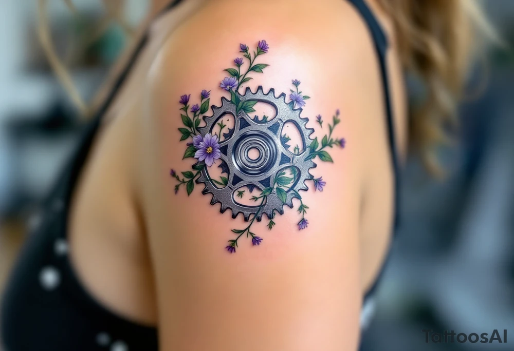 A detailed bicycle gear with intricate teeth, intertwined with vines and small wildflowers, symbolizing strength and connection to nature. The gear would be shaded in metallic silver with pops of green and purple for a fresh look. tattoo idea