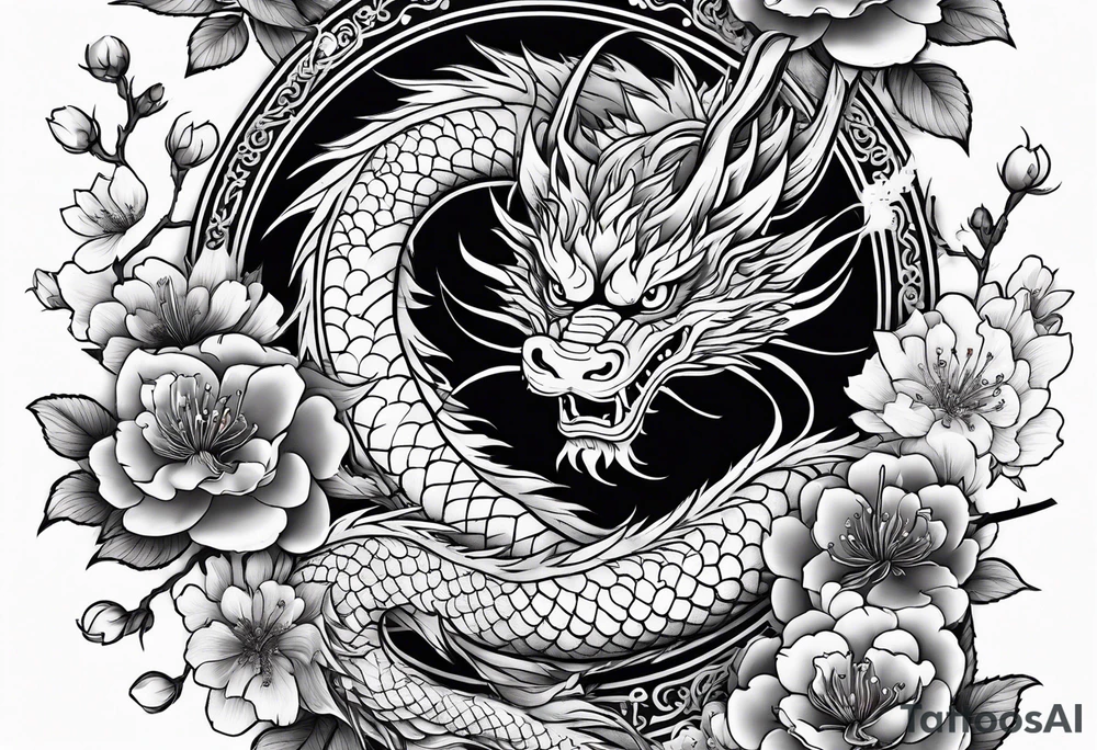Japanese dragon cherry blossoms tattoo idea