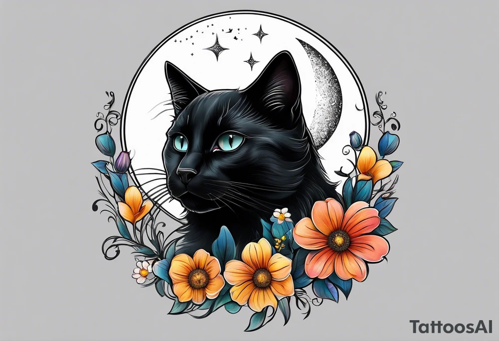 Photo realistic black cat with moon and flowers tattoo idea