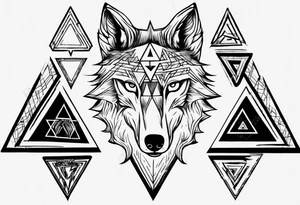 wolf head with one triangle on forehead and a triangle in the background tattoo idea