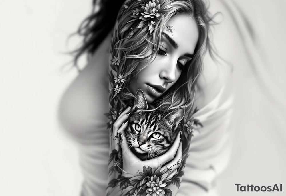 women portrait with cat tattoo idea