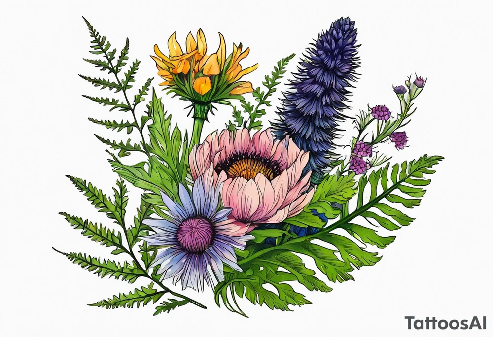 small vertical mixed wildflower bouquet with ferns, thistle and with color tattoo idea