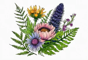 small vertical mixed wildflower bouquet with ferns, thistle and with color tattoo idea