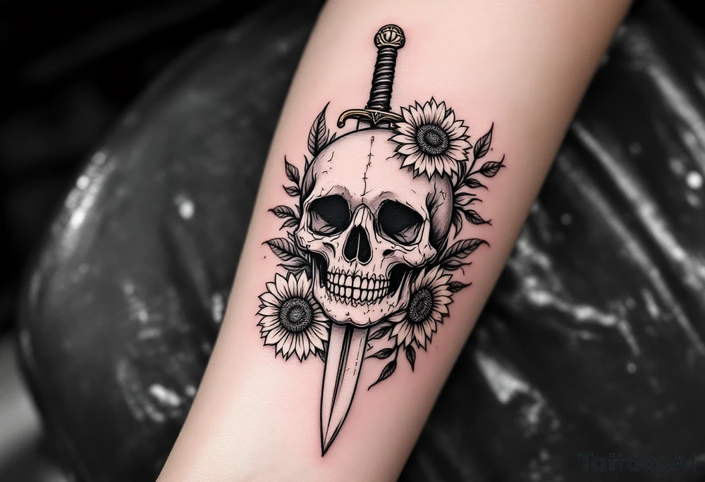 Skull, heart and dagger with roses and sunflowers tattoo idea Skull, heart and dagger with roses and sunflowers tattoo idea