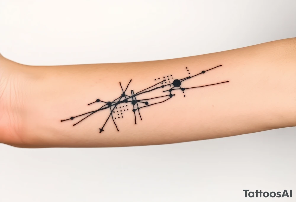 Abstract black line tattoo for a male.
Irregular, broken, sketch-like lines with sharp direction changes.
Non-elegant, non-minimal, non-feminine.
Raw hand-drawn tattoo stencil style.
Black ink only, no shading, no smooth curves.
Inner forearm wrapping around the elbow. THESE ARE SO COMPLEX. I DONT WANT THAT tattoo idea
