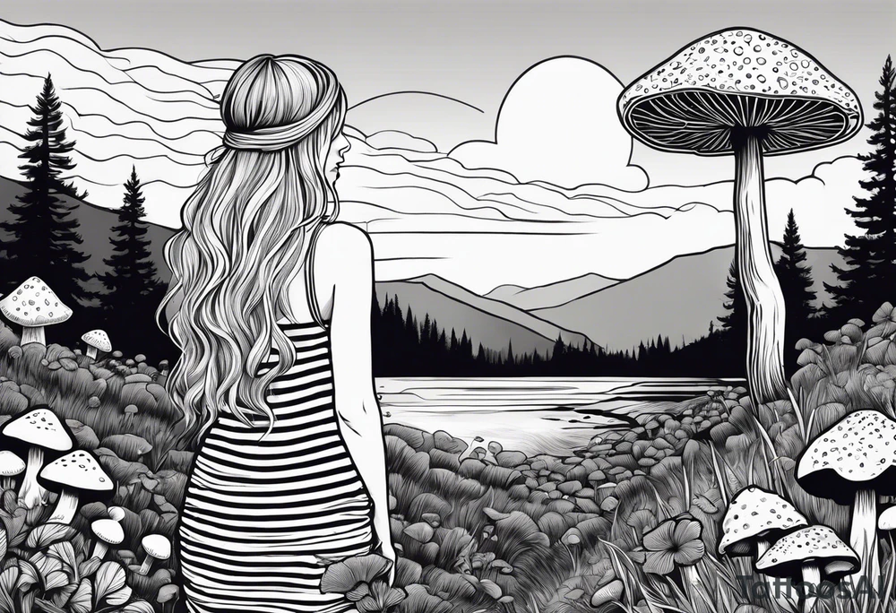 Straight long blonde hair hippie girl in distance holding mushrooms in hand facing away toward mountains and creek surrounded by mushrooms black and white striped dress tattoo idea
