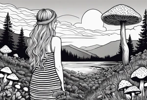 Straight long blonde hair hippie girl in distance holding mushrooms in hand facing away toward mountains and creek surrounded by mushrooms black and white striped dress tattoo idea