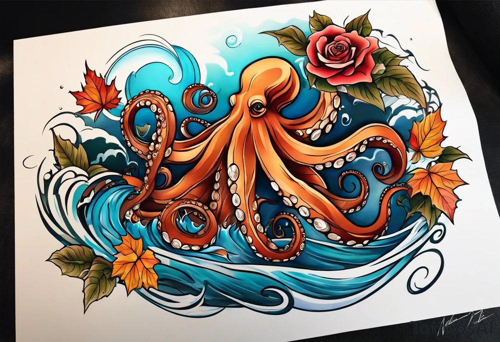 masculine abstract left thigh tattoo with a large long flowing octopus in water swirls wrapping around rocks, with a rose, in fall colors with some small leaves and fall elements tattoo idea