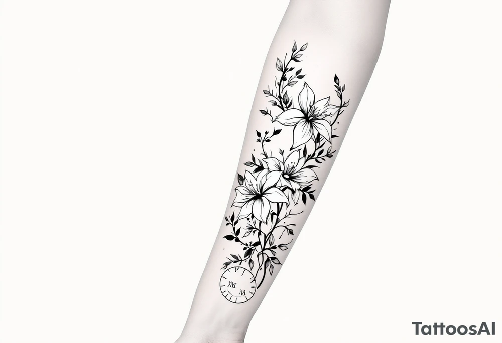 narcissus flowers and holly with 2 bands with roman numerals around them tattoo idea
