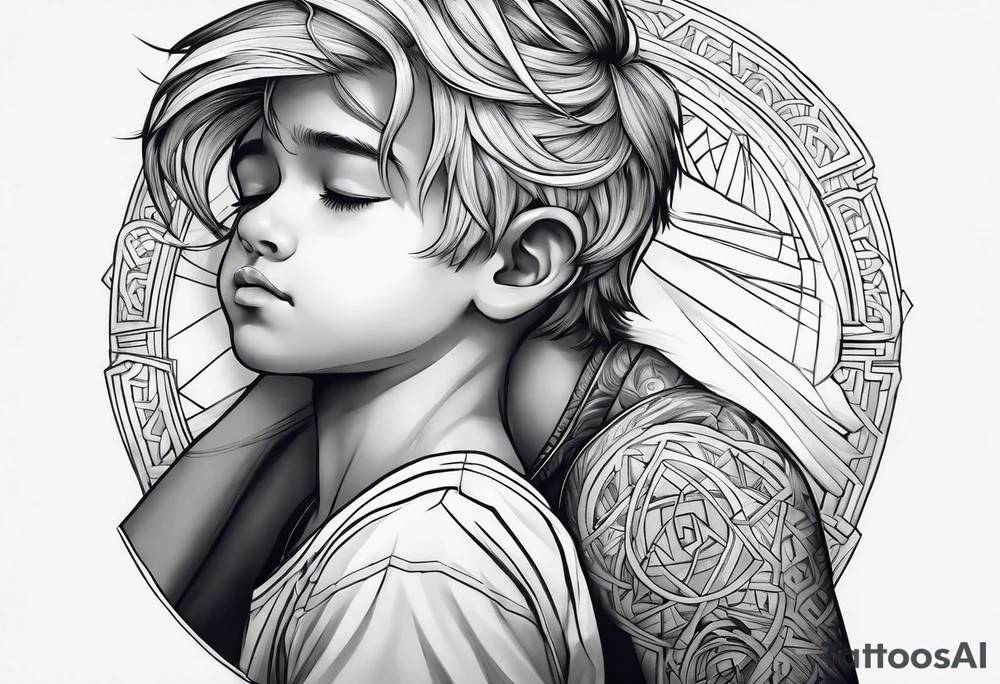 A boy laying his head on gods shoulder tattoo idea