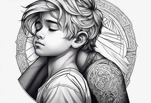 A boy laying his head on gods shoulder tattoo idea