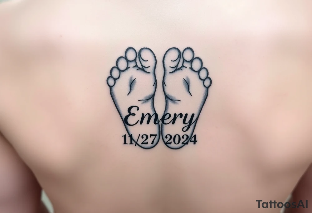 Baby feet with the name Emery and his date of birth in Roman numbers 11/27/2024 and his weight 5 pounds 12 ounces tattoo idea