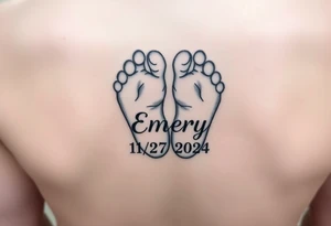 Baby feet with the name Emery and his date of birth in Roman numbers 11/27/2024 and his weight 5 pounds 12 ounces tattoo idea
