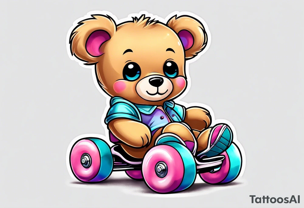 a teddy bear wearing cute, pastel rainbow rollerskates tattoo idea
