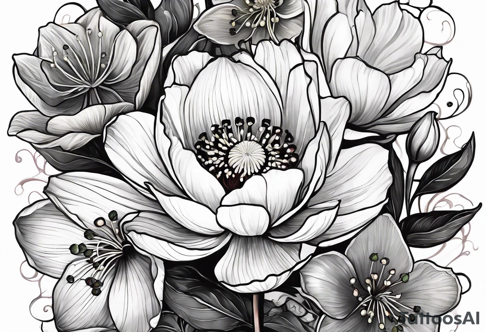 Poppy, water lily, Lily of the valley, flower bouquet, portrait style tattoo idea