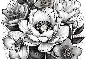 Poppy, water lily, Lily of the valley, flower bouquet, portrait style tattoo idea