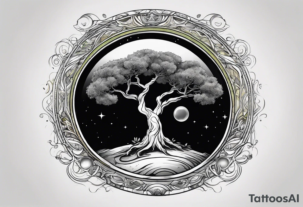 An olive tree in a black hole  with a small Saturn-like planet in in the background. tattoo idea