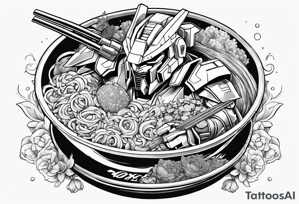 Gundam eating a bowl of ramen and some tacos tattoo idea