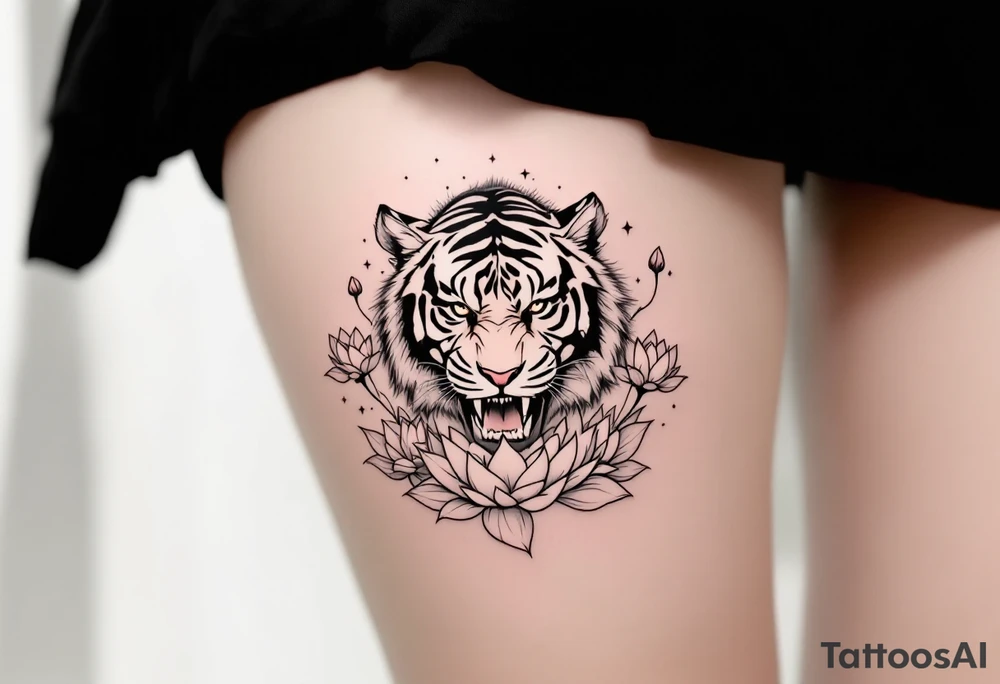 fierce tiger emerging through blooming lotus flowers in mist tattoo idea