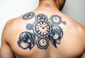 Gears that look like clocks Rottweilers mechanical sleeve tattoo idea