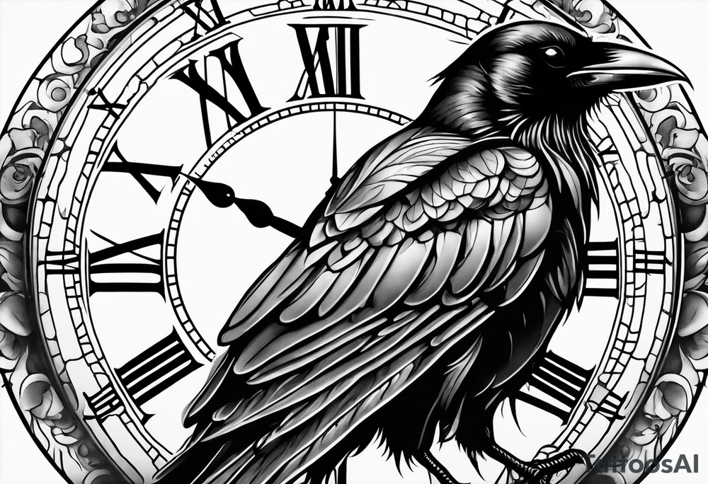 raven perched on clock tattoo idea