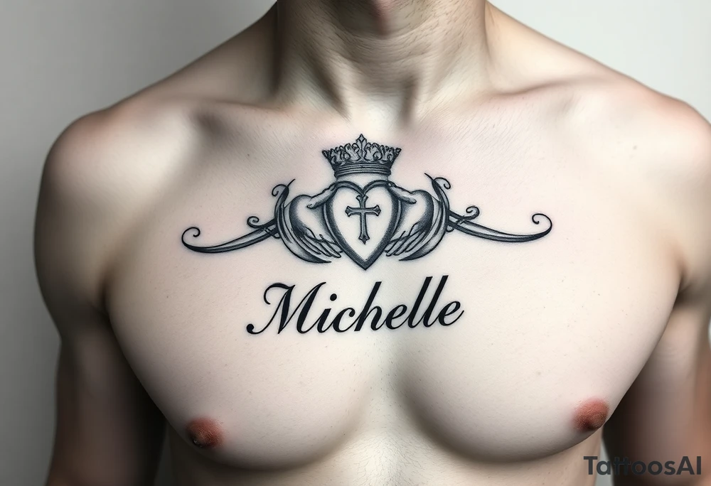 Create a tattoo on a man’s chest if a woman’s name. Claddagh and the name Michelle. tattoo idea