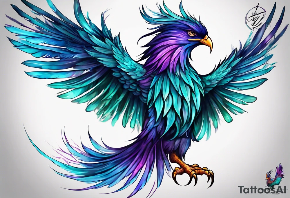 Phoenix on hip down into thigh with feathers that have teal purple and blue with quote "from the Ashes I rise" long tail featgers tattoo idea
