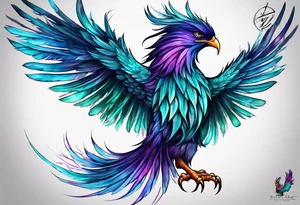 Phoenix on hip down into thigh with feathers that have teal purple and blue with quote "from the Ashes I rise" long tail featgers tattoo idea