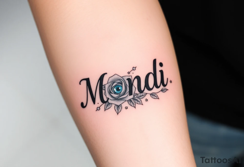 Name Mandi with blue eyes roses and stars tattoo idea