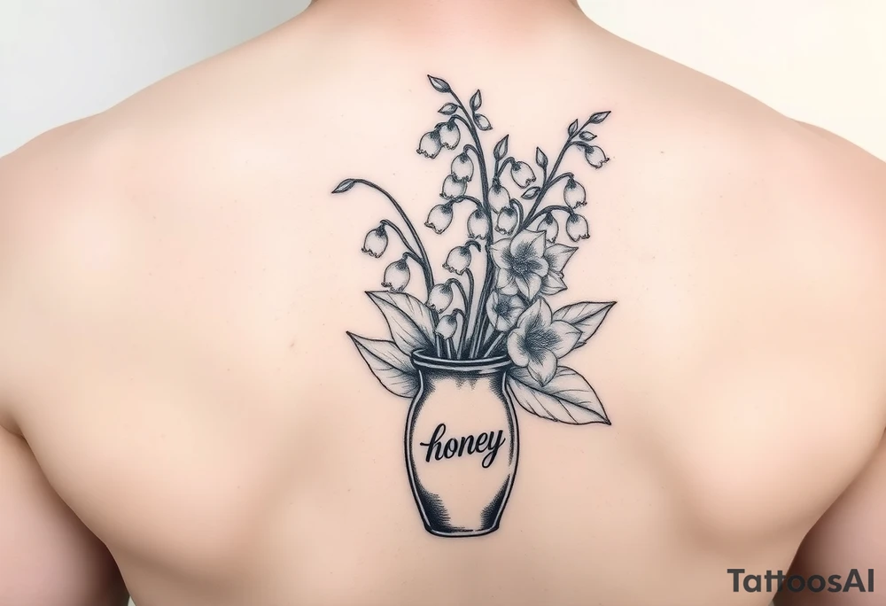 lily of the valley and hawthorn flowers in  vase that says 'honey' on it tattoo idea