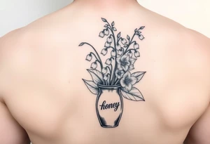 lily of the valley and hawthorn flowers in  vase that says 'honey' on it tattoo idea