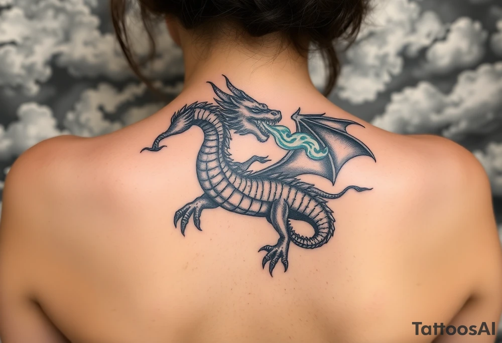 fierce dragon breathing iridescent fire against stormy skies tattoo idea