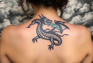 fierce dragon breathing iridescent fire against stormy skies tattoo idea