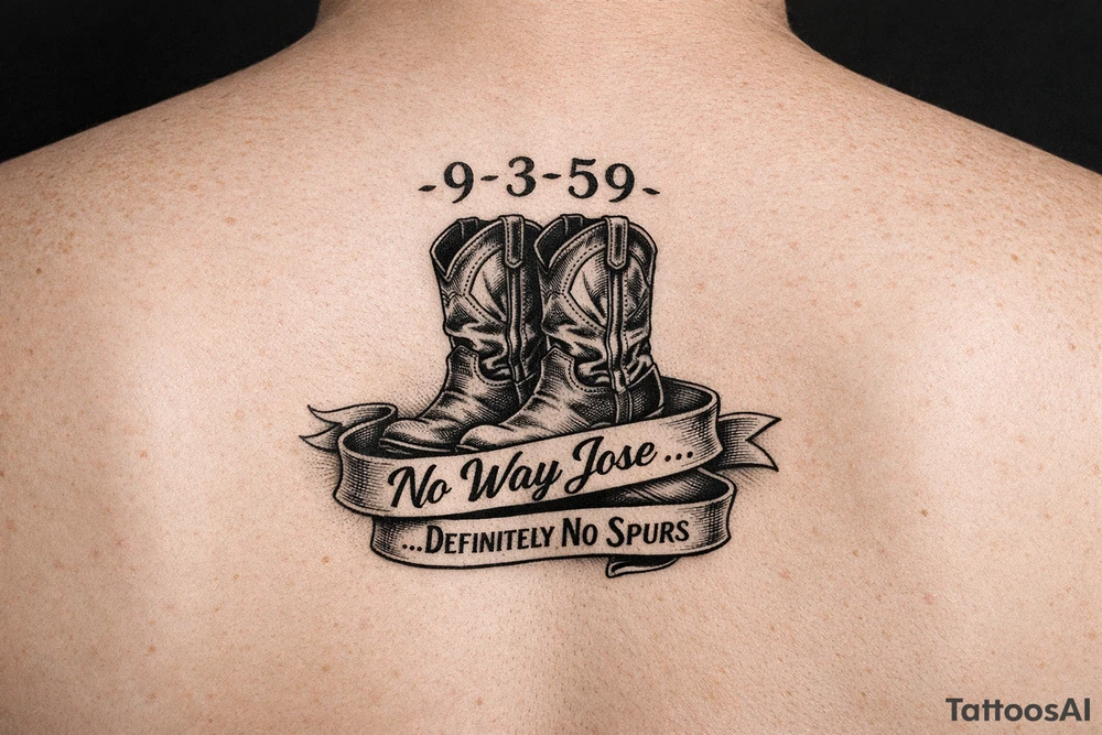 Can you do a minimalist neo, traditional Cow girl boots her birthday 9-3-59 and a banner that says no way Jose …. definitely no spurs this isn’t realistic. I want it very minimalist. tattoo idea