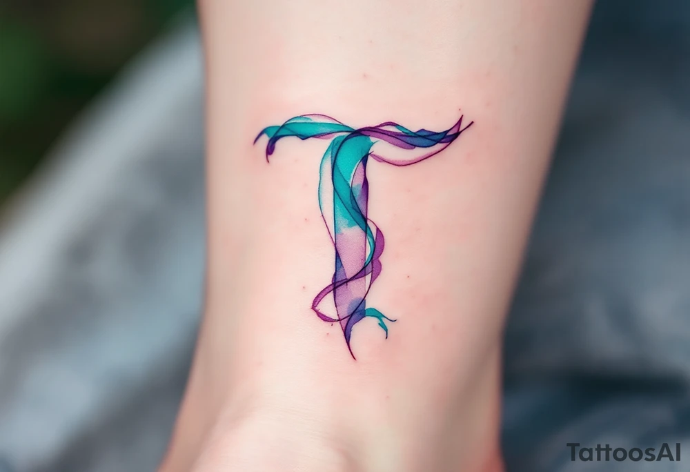 A watercolor-style "T" in shades of turquoise and purple, blending like paint strokes. tattoo idea
