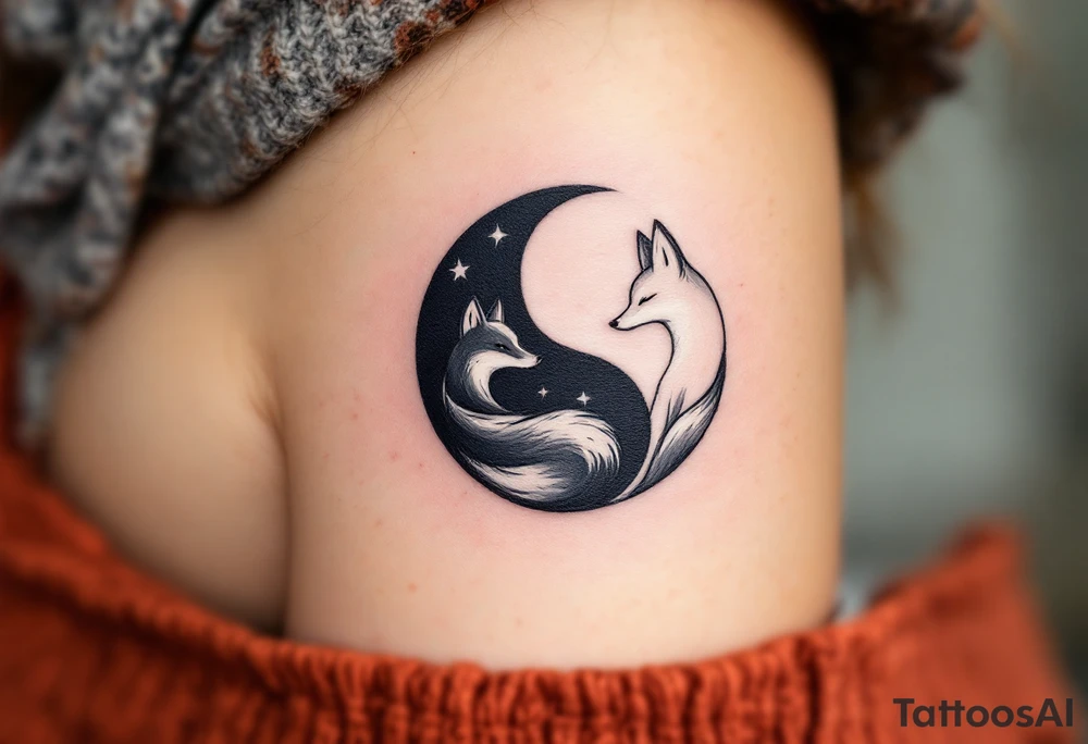 A black and white yin-yang formed by curled foxes on each partners shoulder. tattoo idea
