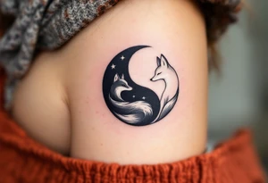 A black and white yin-yang formed by curled foxes on each partners shoulder. tattoo idea