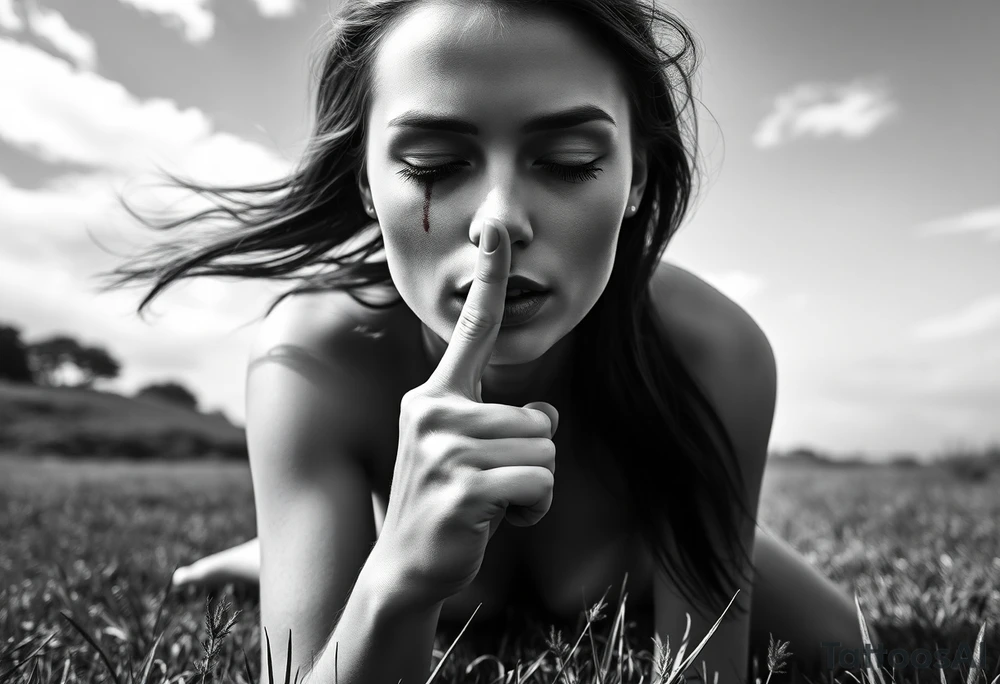 Theme: A powerful portrayal of the "See No Evil, Hear No Evil, Speak No Evil" concept, interpreted as a deliberate choice of selective perception and silence. The direct gaze and front-facing pose draw the viewer into her deliberate act of willful ignorance and secrecy.
Placement:  full front / full front thigh piece
Style realism black and grey).
Vibe: Striking,beautiful, and serene.
The Woman:
Pose: Kneeling on the grass, facing fully forward toward the viewer. The depiction will focus on her face, neck, upper chest, and torso.
Hair: Long hair flows forward and out to the sides, caught by the wind. It frames her face and shoulders.
Face - Eyes: Eyes are closed, emphasizing her active choice to close herself off.
Face - Nose/Mouth: A finger is held vertically to her lips in a "shush" or "don't speak" gesture, prominently visible centered on 
  Ears are seen bleeding and blood stains in the side in her left cheek 
Background/ Environment:
 Lush green grass where she is kneeling, at the very bottom of the composition.
Flowers roses and Beautiful  plumeria flowers bloom around her kneeling form,  framing her hips or flowing near the grass line. As the sun is setting 
Butterflies: Different sized butterflies flutter in the space around her chest and hair, adding organic movement.
Essential References & Inspiration
Examples of hair blowing forward in the wind, framing the face and chest.
Specific examples of the "shush" finger-to-lips pose from a front angle.
 pink plumeria and various butterflies. tattoo idea