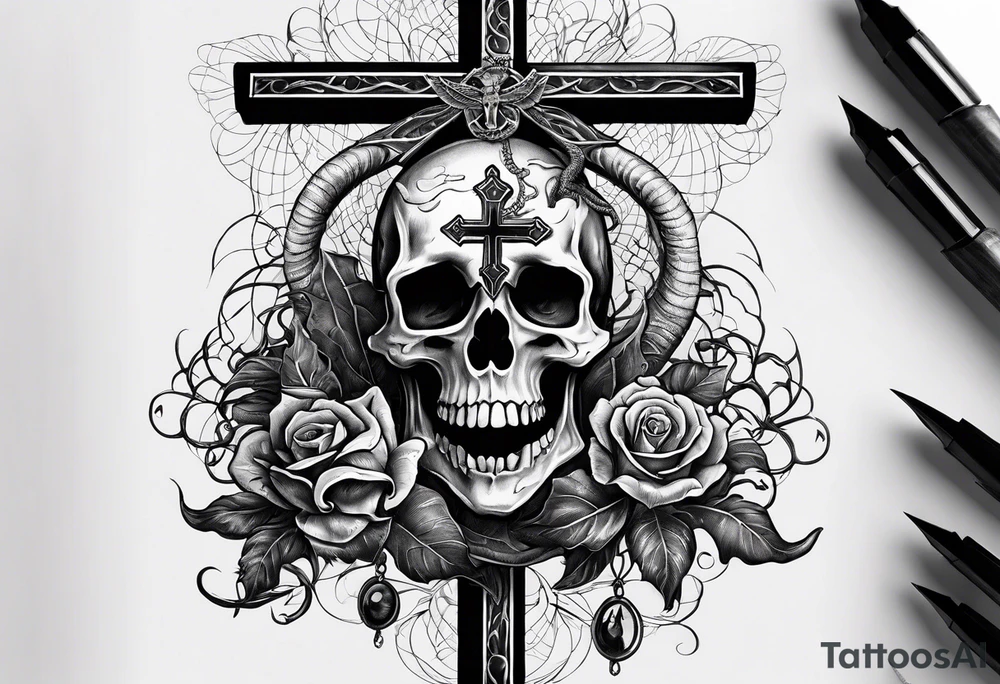 show a dead serpent, and dead scorpion both crushed by a crucifix/cross tattoo idea