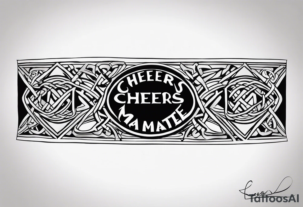 "Cheers Mate" text black and grey ink armband +Celtic +grey Cancer Ribbon +tribal +artistic tattoo idea