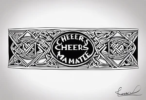 "Cheers Mate" text black and grey ink armband +Celtic +grey Cancer Ribbon +tribal +artistic tattoo idea