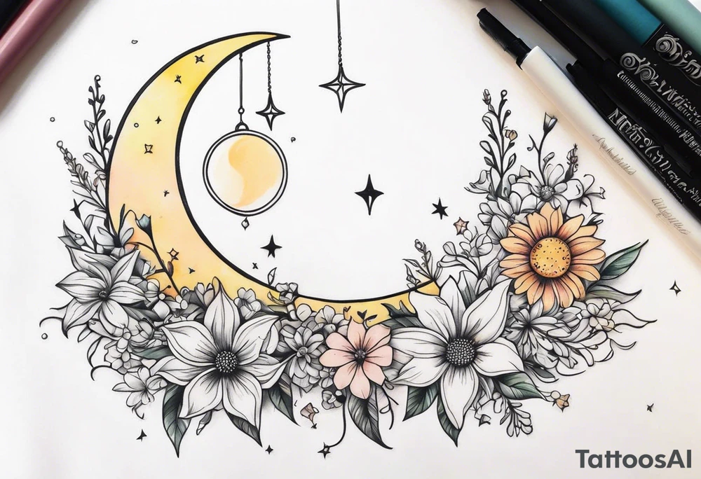 Crescent moon with daisy's, lily’s, crystals, and mushrooms tattoo idea
