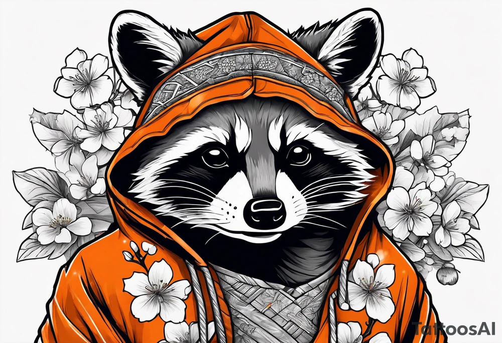 raccoon wearing a black and white Superman hoodie and orange Japanese cherry blossoms tattoo idea