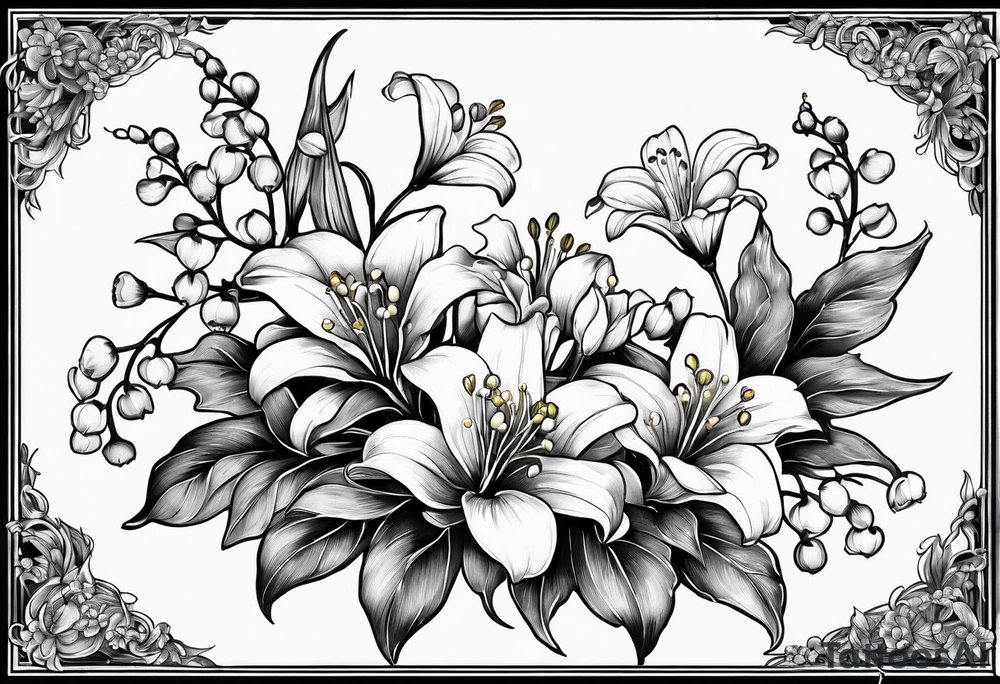 4 flowers, Lily of the valley, marigold, chrysanthemum, and a Lily combined together with small leaves and vines tattoo idea