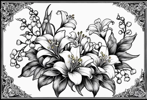 4 flowers, Lily of the valley, marigold, chrysanthemum, and a Lily combined together with small leaves and vines tattoo idea
