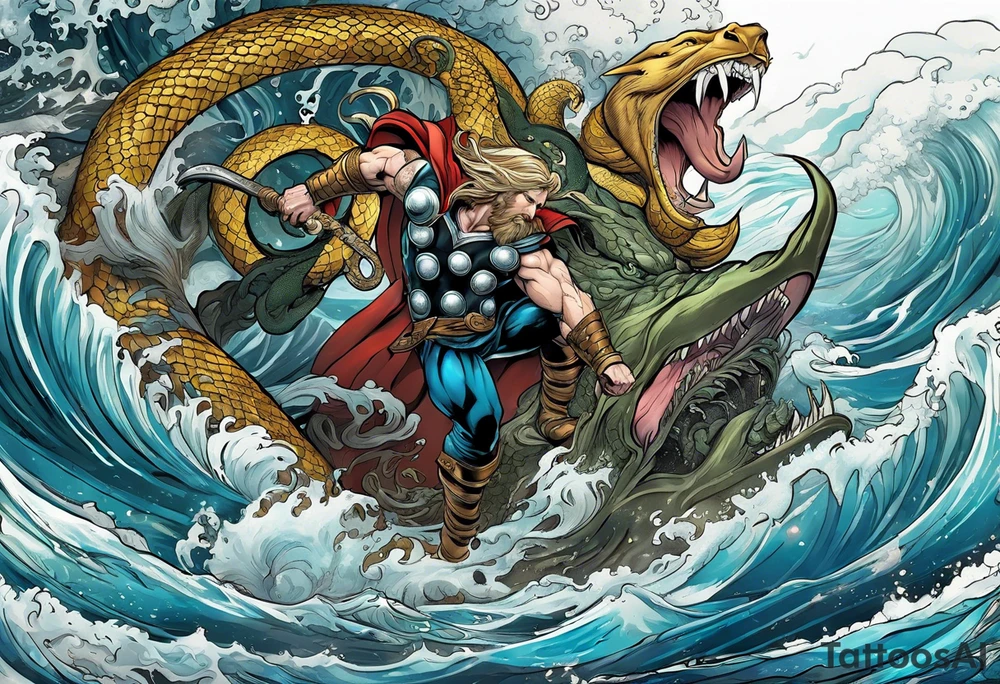 Thor getting eaten by the world serpent in the ocean tattoo idea