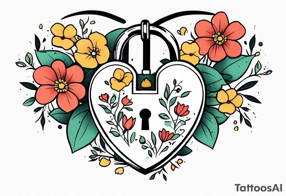 heart-shaped padlock with flowers tattoo idea