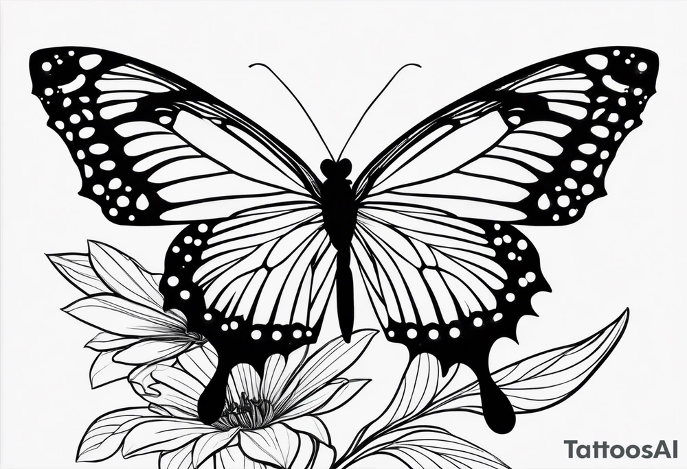 A delicate, black-and-white butterfly with fine, detailed wings, just about to land gently on a fragile minimalistic flower. Both the butterfly and flower are drawn with elegant, minimalist lines, capturing the sense of beauty, fragility, and perfection in their natural harmony. Subtle hints of color tattoo idea