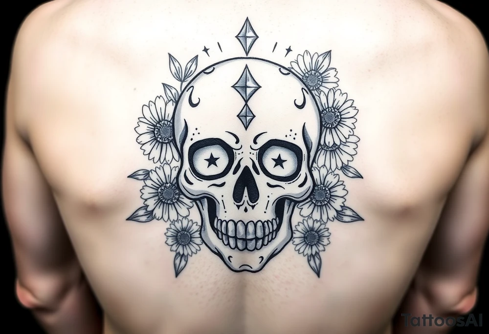 Masculine sugar skull with diamonds and daisies tattoo idea